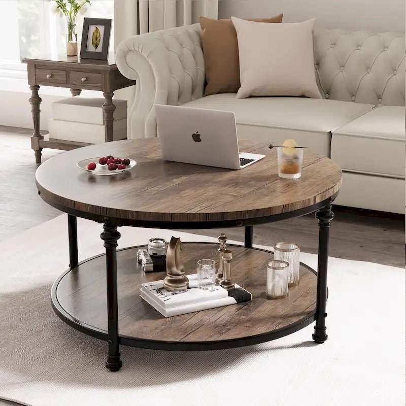 Antique Oak & Walnut Round Coffee Table with 2-Tier Shelf - Image 20