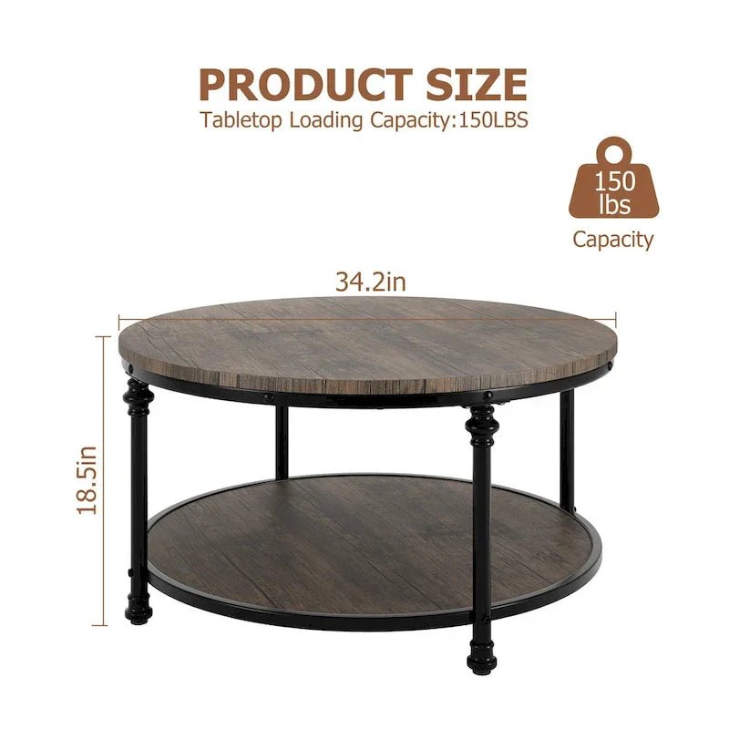 Antique Oak & Walnut Round Coffee Table with 2-Tier Shelf - Image 2