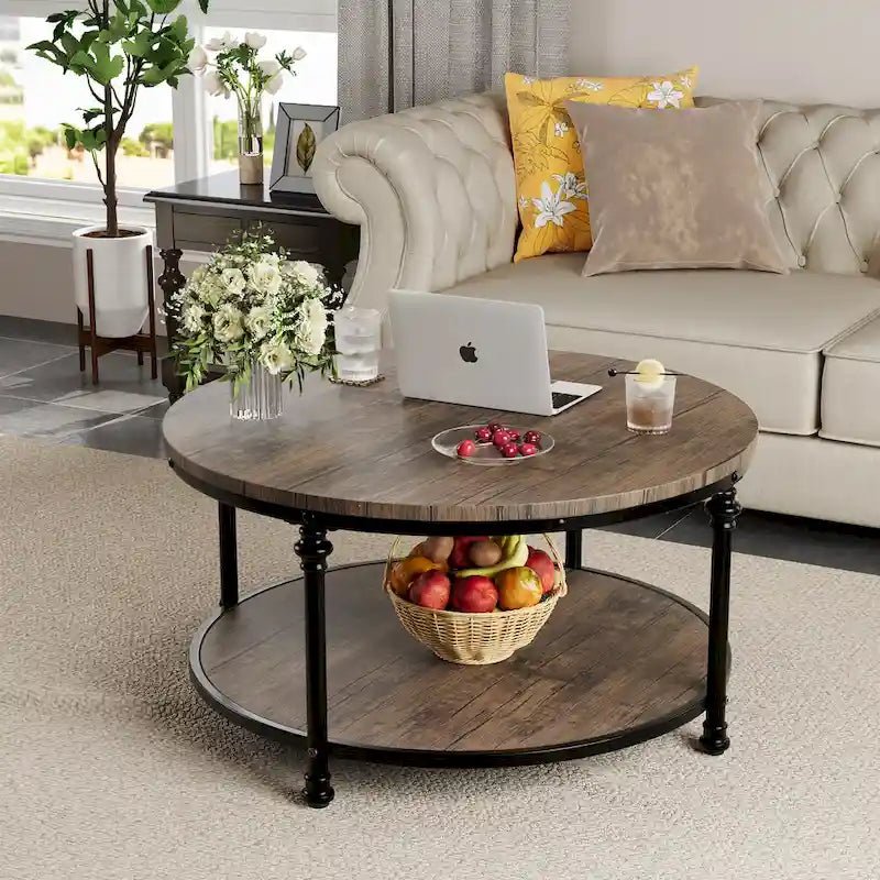 Antique Oak & Walnut Round Coffee Table with 2-Tier Shelf - Image 3