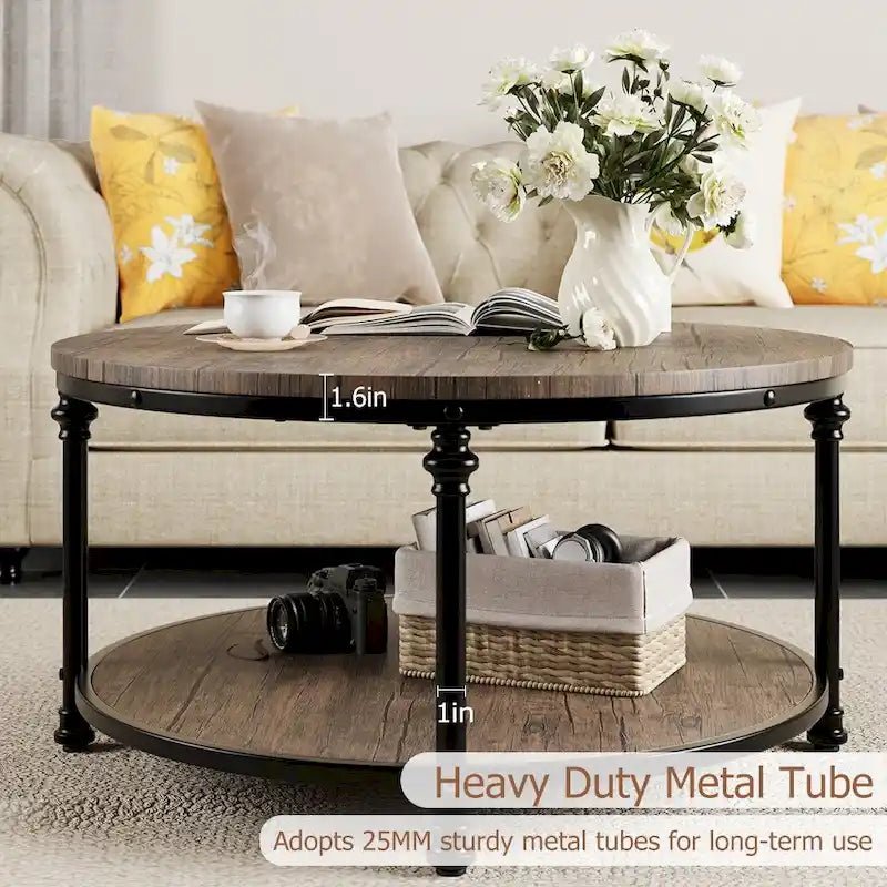 Antique Oak & Walnut Round Coffee Table with 2-Tier Shelf - Image 4