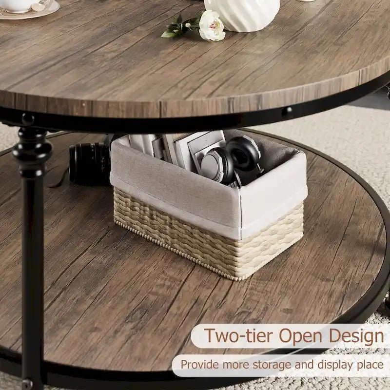 Antique Oak & Walnut Round Coffee Table with 2-Tier Shelf - Image 5