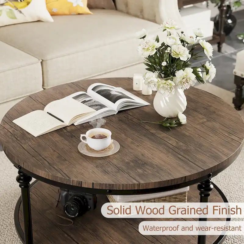 Antique Oak & Walnut Round Coffee Table with 2-Tier Shelf - Image 6