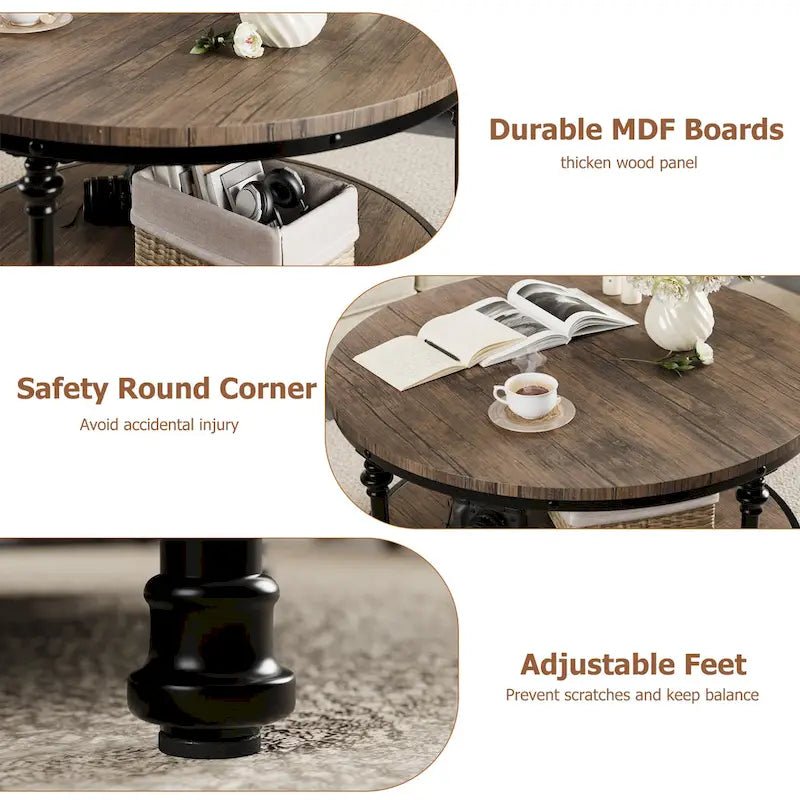 Antique Oak & Walnut Round Coffee Table with 2-Tier Shelf - Image 7
