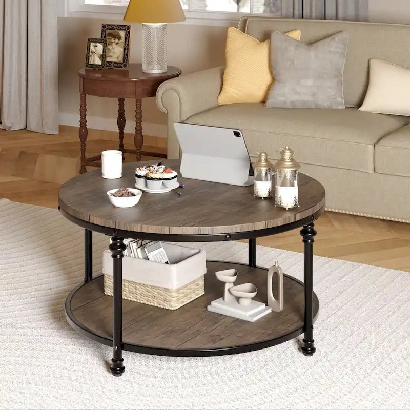 Antique Oak & Walnut Round Coffee Table with 2-Tier Shelf - Image 9