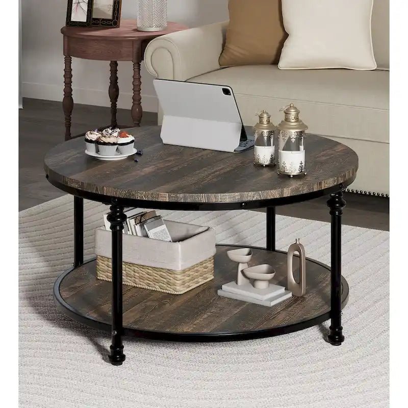 Antique Oak & Walnut Round Coffee Table with 2-Tier Shelf - Image 10