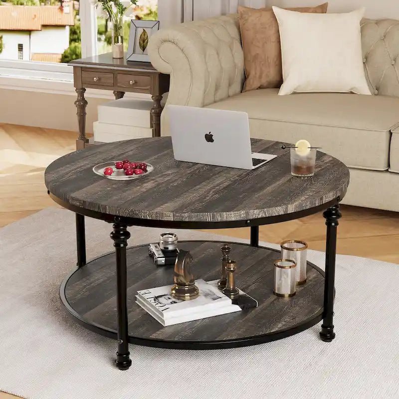 Antique Oak & Walnut Round Coffee Table with 2-Tier Shelf - Image 12