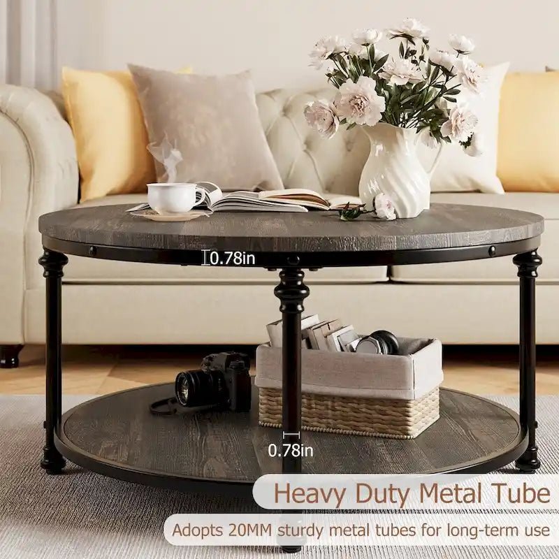 Antique Oak & Walnut Round Coffee Table with 2-Tier Shelf - Image 13