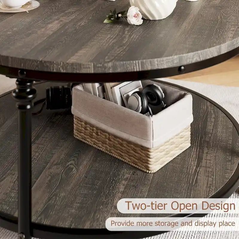 Antique Oak & Walnut Round Coffee Table with 2-Tier Shelf - Image 14