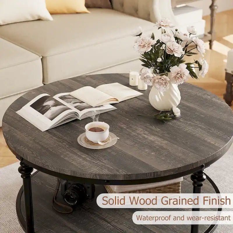 Antique Oak & Walnut Round Coffee Table with 2-Tier Shelf - Image 15