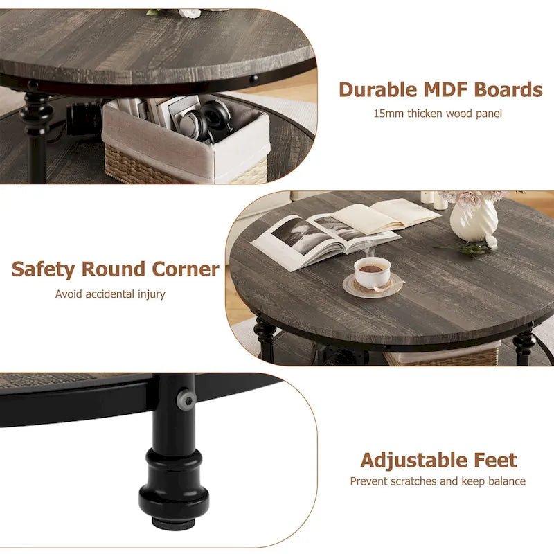 Antique Oak & Walnut Round Coffee Table with 2-Tier Shelf - Image 16