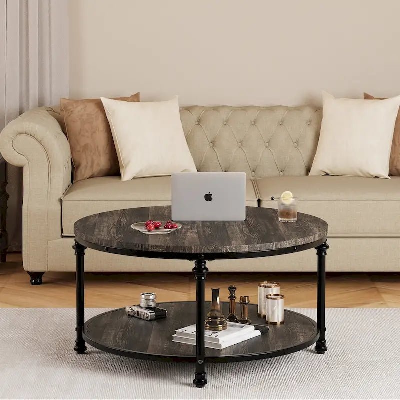 Antique Oak & Walnut Round Coffee Table with 2-Tier Shelf - Image 18