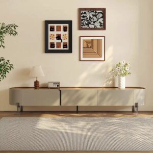 Brown Faux Leather TV Stand with 3 Drawers & Steel Legs