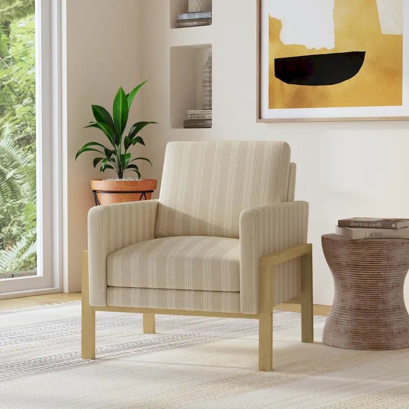 Cream White Boucle / Tan Stripe Wood Frame Accent Chair – Single Seat - Image 23