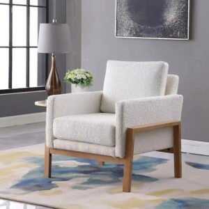 Cream White Boucle / Tan Stripe Wood Frame Accent Chair – Single Seat