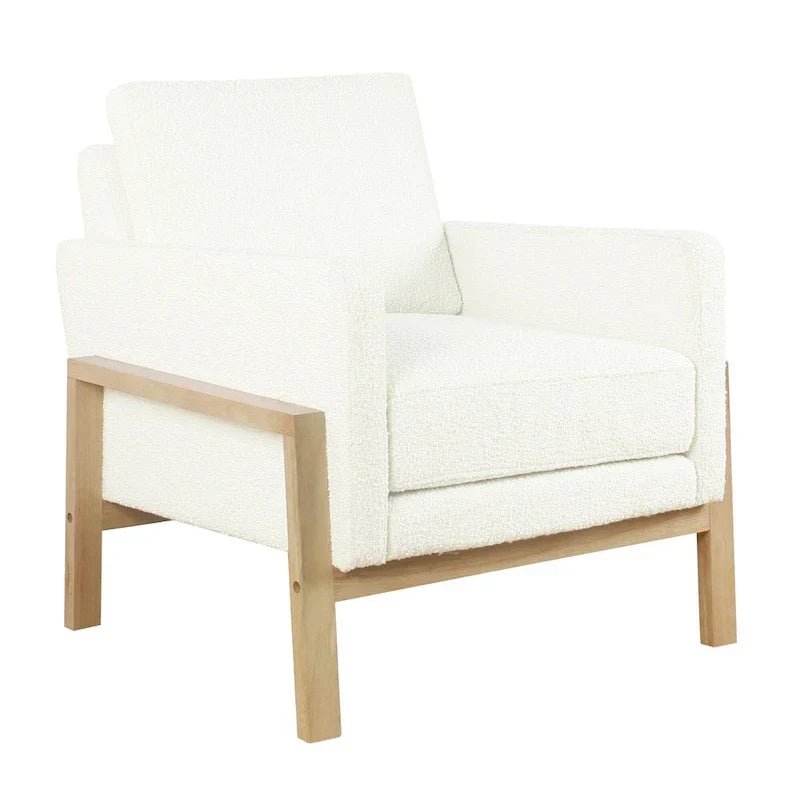 Cream White Boucle / Tan Stripe Wood Frame Accent Chair – Single Seat - Image 3