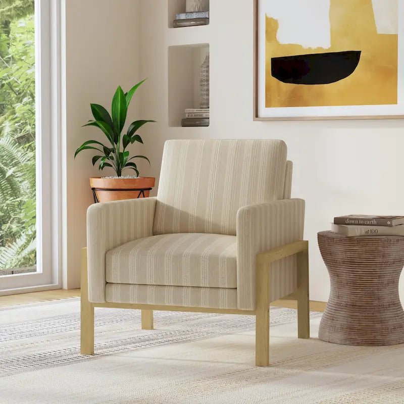 Cream White Boucle / Tan Stripe Wood Frame Accent Chair – Single Seat - Image 10