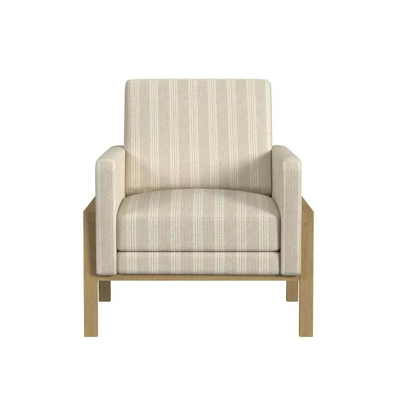 Cream White Boucle / Tan Stripe Wood Frame Accent Chair – Single Seat - Image 11