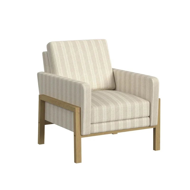 Cream White Boucle / Tan Stripe Wood Frame Accent Chair – Single Seat - Image 12