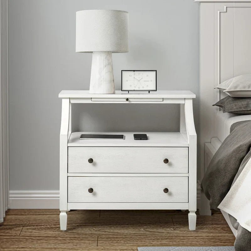 White / Black / Walnut 2-Drawer Nightstand with Charging Station & Pull-Out Tray - Image 2