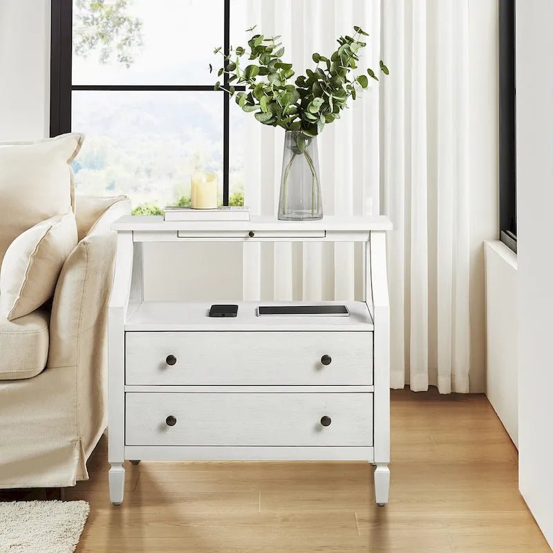 White / Black / Walnut 2-Drawer Nightstand with Charging Station & Pull-Out Tray