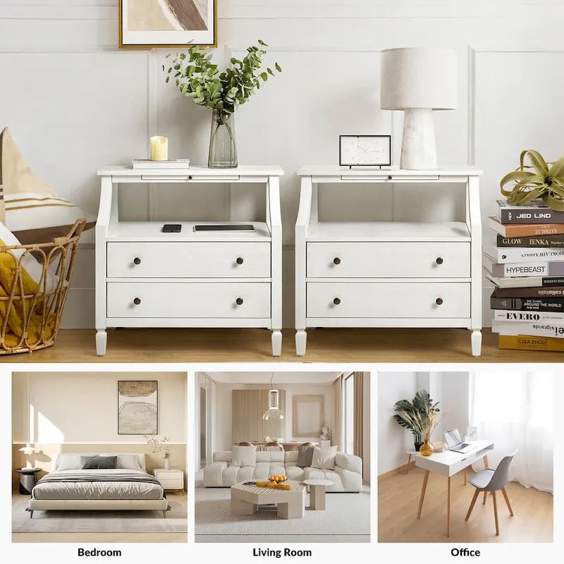 White / Black / Walnut 2-Drawer Nightstand with Charging Station & Pull-Out Tray - Image 3