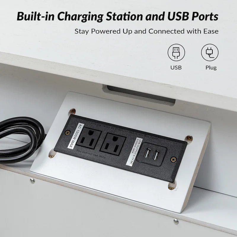 White / Black / Walnut 2-Drawer Nightstand with Charging Station & Pull-Out Tray - Image 4