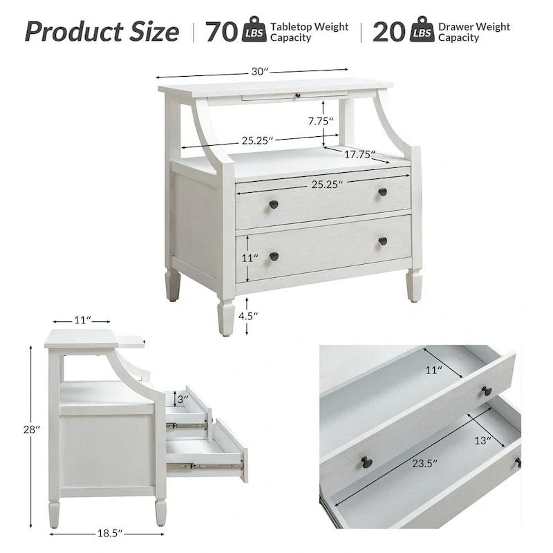 White / Black / Walnut 2-Drawer Nightstand with Charging Station & Pull-Out Tray - Image 8