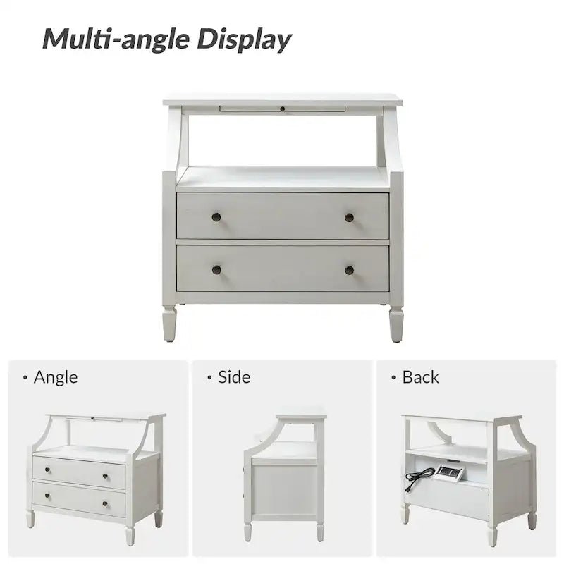 White / Black / Walnut 2-Drawer Nightstand with Charging Station & Pull-Out Tray - Image 9