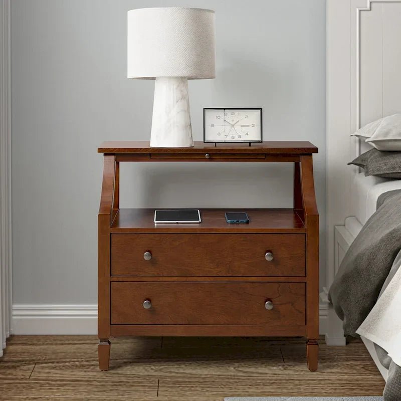 White / Black / Walnut 2-Drawer Nightstand with Charging Station & Pull-Out Tray - Image 10