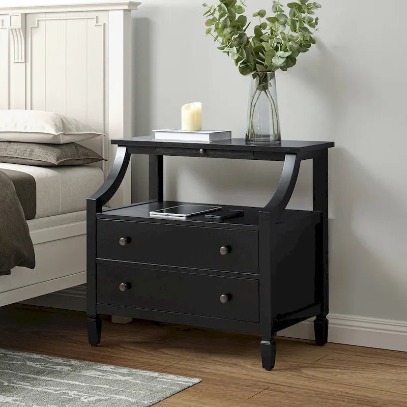White / Black / Walnut 2-Drawer Nightstand with Charging Station & Pull-Out Tray - Image 12