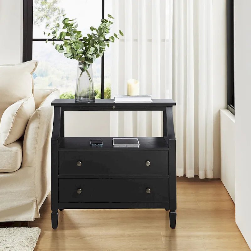 White / Black / Walnut 2-Drawer Nightstand with Charging Station & Pull-Out Tray - Image 14