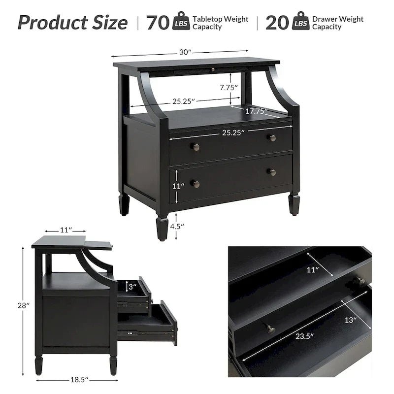 White / Black / Walnut 2-Drawer Nightstand with Charging Station & Pull-Out Tray - Image 17