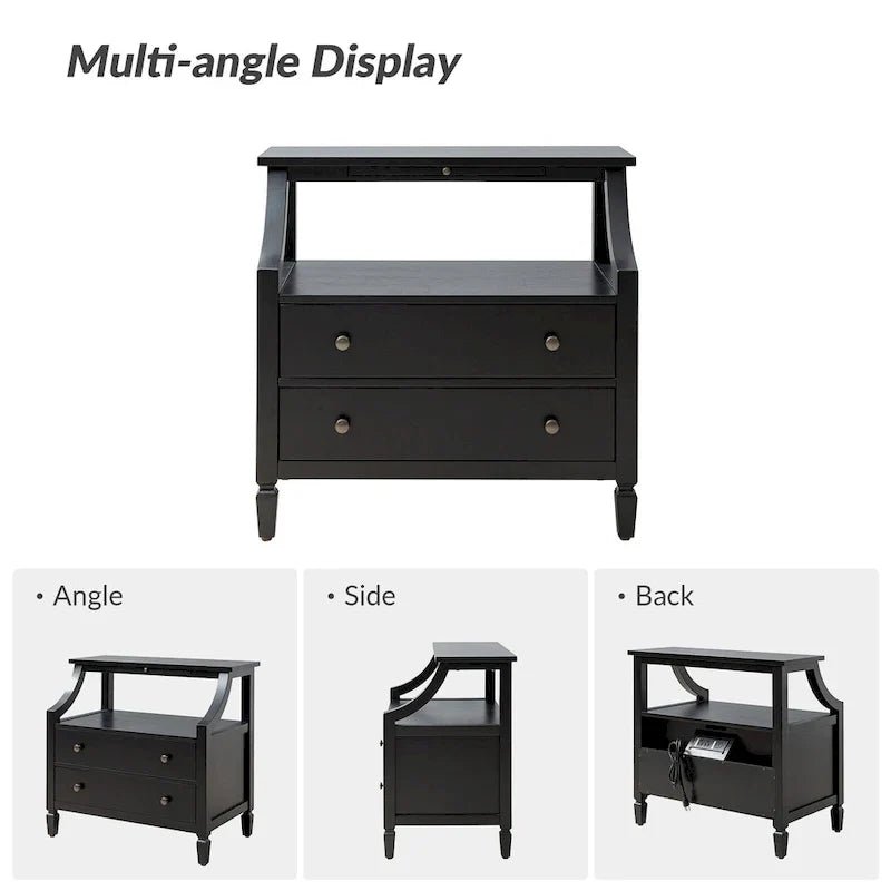 White / Black / Walnut 2-Drawer Nightstand with Charging Station & Pull-Out Tray - Image 18