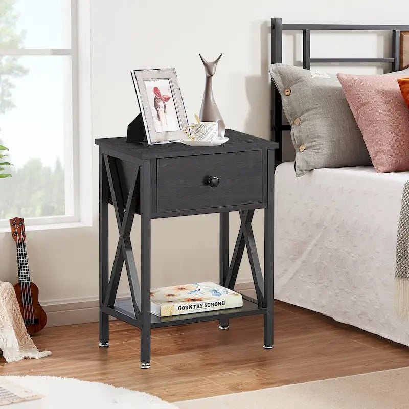 White & Black Nightstand with Drawer and Open Shelf, X-Metal Legs - Image 12
