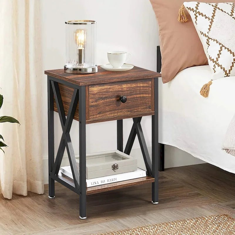 White & Black Nightstand with Drawer and Open Shelf, X-Metal Legs