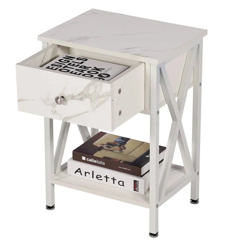 White & Black Nightstand with Drawer and Open Shelf, X-Metal Legs - Image 3