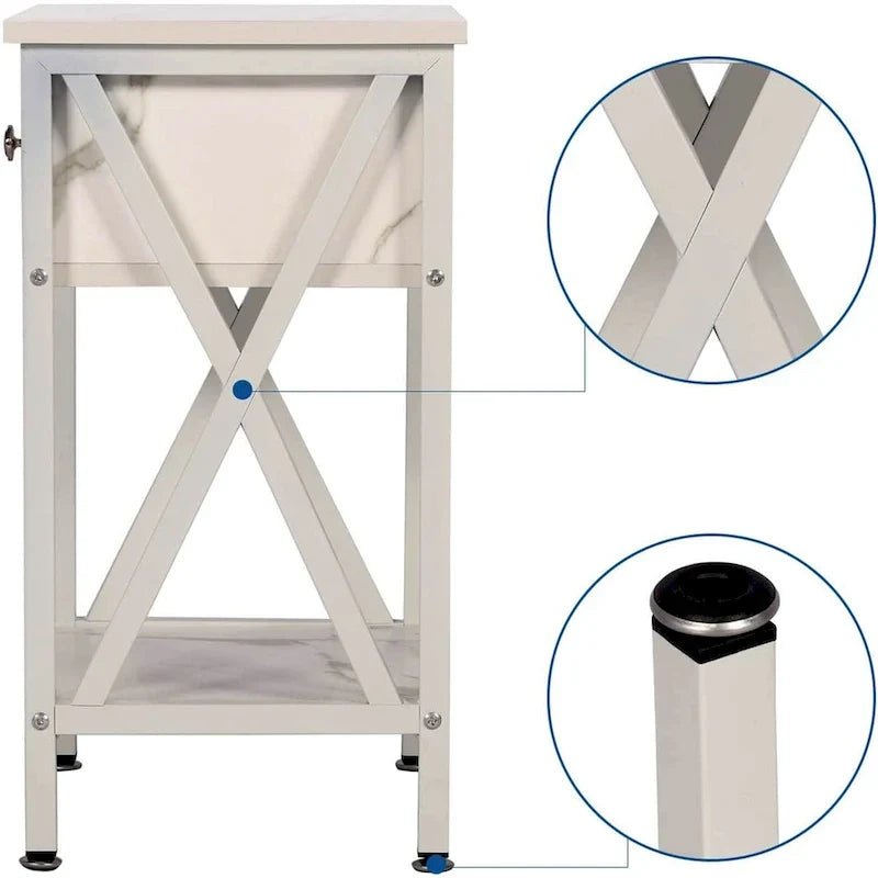 White & Black Nightstand with Drawer and Open Shelf, X-Metal Legs - Image 4