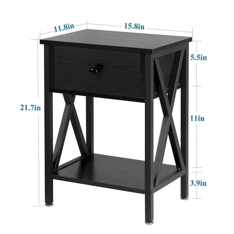 White & Black Nightstand with Drawer and Open Shelf, X-Metal Legs - Image 6