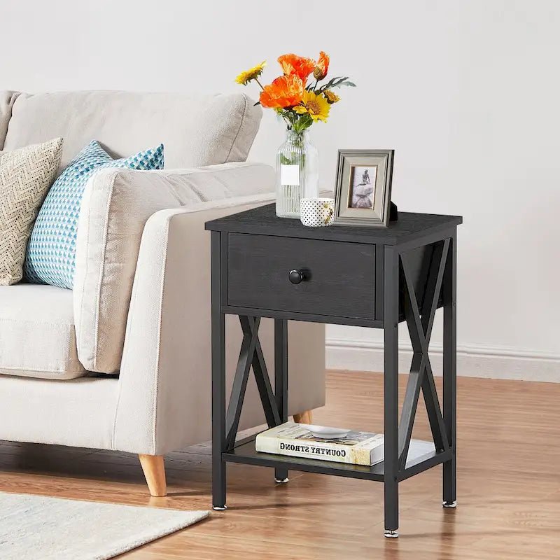 White & Black Nightstand with Drawer and Open Shelf, X-Metal Legs - Image 7
