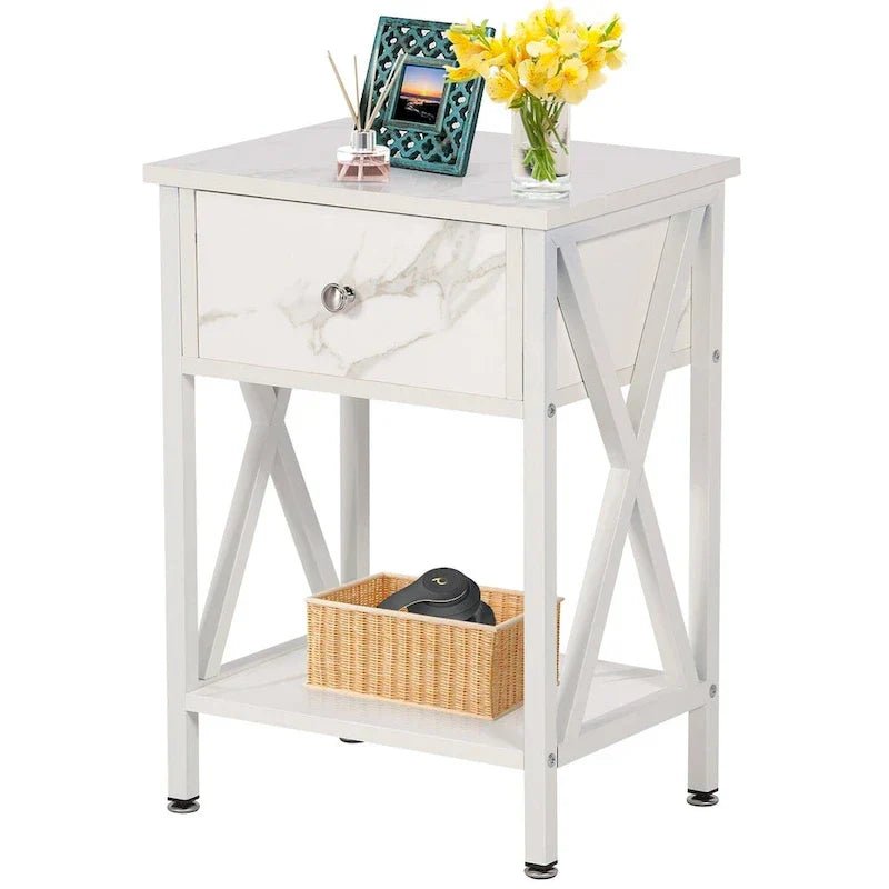 White & Black Nightstand with Drawer and Open Shelf, X-Metal Legs - Image 8