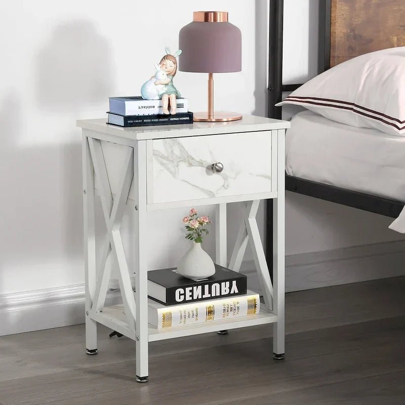 White & Black Nightstand with Drawer and Open Shelf, X-Metal Legs - Image 10