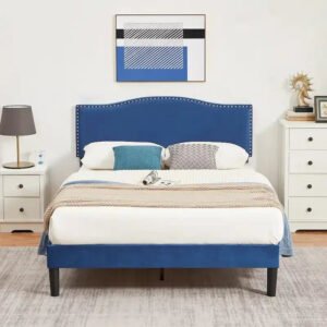 Blue Linen Upholstered Platform Bed – Camelback Nailhead Headboard, Full/Queen